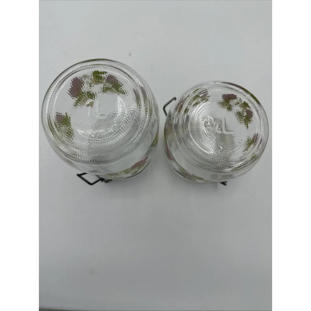 Set Of 2 Arc France Strawberry Blossom Glass Canisters 1960s 1.0 Liter & 3/4 L